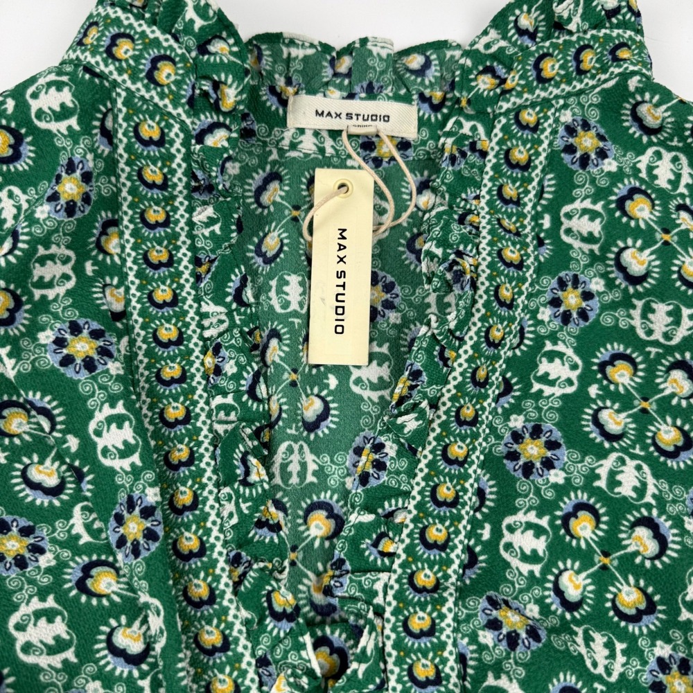 Floral Smocked Max Studio Green Rayon Maxi Dress Size M Medium - Picture 9 of 13